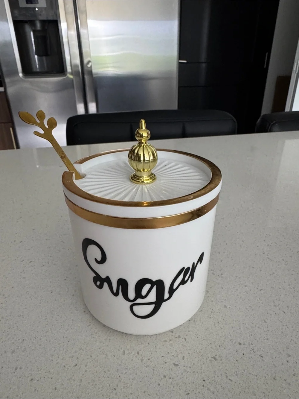 White Ceramic Sugar Jar with Gold Trim